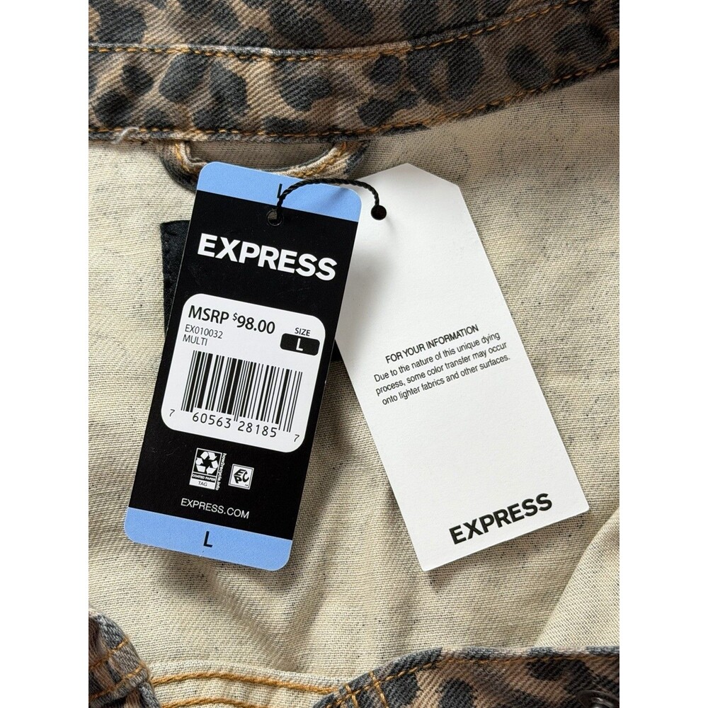 Express Women’s Denim Jacket Size Large Leopard Print Brown Black NWT Cotton - Picture 11 of 12